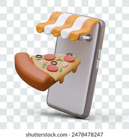 Realistic smartphone, slice of pizza. Fast food online delivery concept