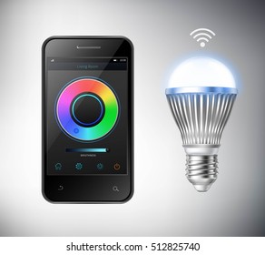 Realistic Smartphone And Smart Led Lightbulb Isolated Vector Illustration