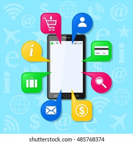 Realistic smartphone and speech bubbles with business social media signs. Website illustration, business communication concept with background. Information icons into bubbles. Vector.