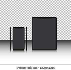 Realistic smartphone and tablet with blank screen. Isolated cell phone and tablet mockup, realistic black color, mobile and table templates on transparent background. High quality vector illustration.