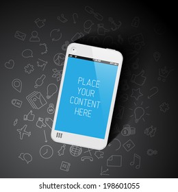 Realistic smartphone template with background icons and place for your content