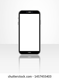 Realistic smartphone template with blank screen isolated on glossy table. Front view of mobile cellphone. Smart phone mock up design for banner, poster, advertising, promotion, mobile app, marketing