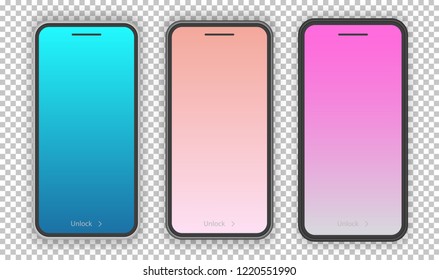 Realistic smartphone template set with trendy gradient screen isolated on transparent background for access to account, ui elements, app development, online registration, user profile. Vector 10 eps