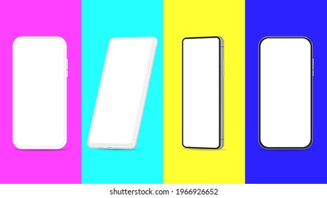Plantilla de smartphone realista. Smartphones pantalla vacía, teléfonos con fondo de color neón. Red móvil, conjunto de vectores de simulación de anuncios