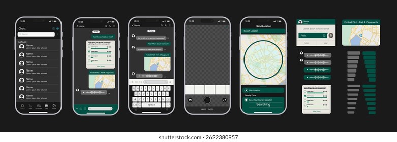 Realistic Smartphone UI with Messaging App Interface – Chat Bubbles, Voice Messages, Poll Voting, Location Sharing, and Camera Shooting Features