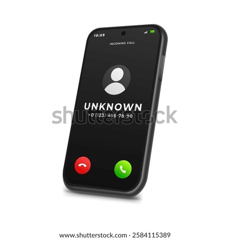Realistic smartphone with unknown incoming call on screen, vector illustration