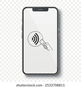 Ilustración vectorial realista del smartphone con el icono sin contacto del pago, aislado. Símbolo de pago NFC, pago inalámbrico, billetera digital para transacciones. Finanzas, Tecnología, Plantilla de diseño móvil