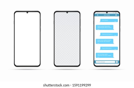 Realistic smartphone with white blank screen. Isolated cell phone mockup with transparent display. Modern vector phone with messaging app window. Chatting and messaging, social network concept.