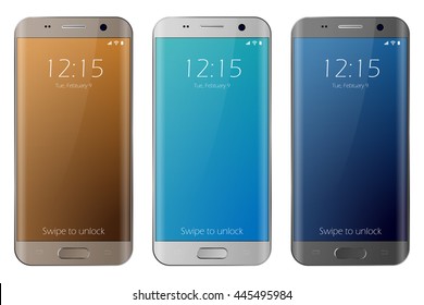 Realistic smartphone white, gold and black. Easy place image into screen smartphone with shiny layer. Vector cellphone isolated with edge side style.