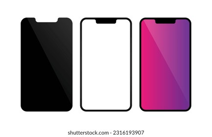 Realistic smartphones, different sizes and shapes, different colors and on a transparent background