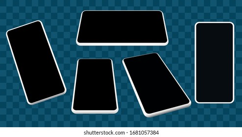 Realistic smartphones mockup at different angles for application and mobile website design presentation. Vector cellphone template