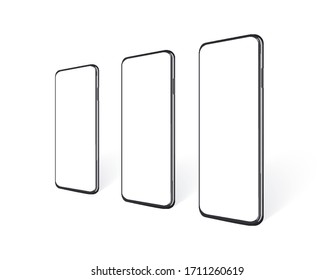 Realistic smartphones in row en perspective view with empty screen. Mobile phone mockup set for presentation yout app design or website.  Isolated black cell device template, vector 3d illustration.