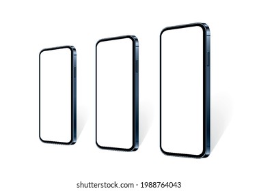 Realistic smartphones in row in perspective view with empty screen. Blue mobile phone mockup set for presentation your app or website. Isolated diagonal cell device template, vector 3d illustration.