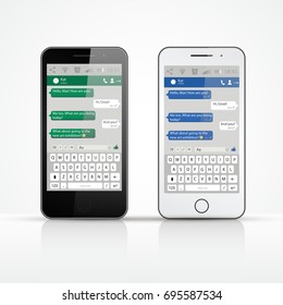 Realistic Smartphones set. Social network concept. Chat cpeech bubbles. Vector illustration.