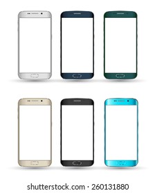 Realistic Smartphones set. Vector illustration.  Isolated mobile phone with blank screen on white. Can used for  application demo.
