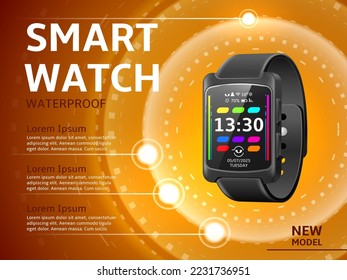 Realistic smartwatches poster. Multifunction wrist device, electronic wristband advertising banner, color touch screen, infographic poster, 3d isolated element, utter vector concept