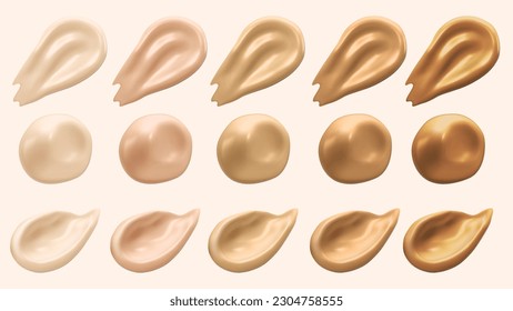 Realistic Smears of foundation, brush strokes set of tone. 3d vector illustration