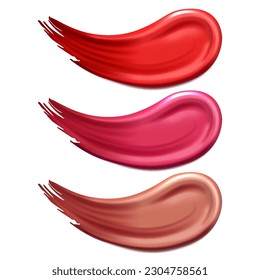 Realistic Smears of lipstick, nail polish or paint, brush strokes set isolated on white background. 3d vector illustration