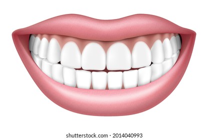 Realistic smile with white teeth, lips and teeth, isolated on white background, 3D vector illustration