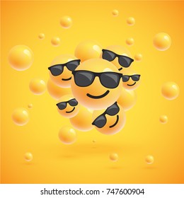  Realistic smileys with sunglasses with yellow background, vector illustration