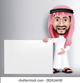 Realistic Smiling Handsome Saudi Arab Man Character in 3D Posing Gesture with Thobe Dress Holding White Blank Board for Text or Titles. Editable Vector Illustration