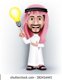 Realistic Smiling Handsome Saudi Arab Man Character in 3D Posing with Thobe Dress Pointing Hand in a Bulb Idea or Creativity. Editable Vector Illustration