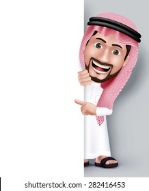 Realistic Smiling Handsome Saudi Arab Man Character in 3D Posing with Thobe Dress Pointing His Hand in White Blank Board for Text or Titles. Editable Vector Illustration