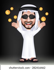 Realistic Smiling Handsome Saudi Arab Man Character in 3D with Thobe Dress and Sunglasses Standing Showing Gold Dollars Money Like he Won. Editable Vector Illustration