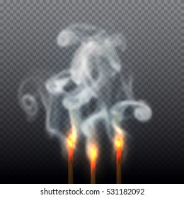 Realistic smoke from aroma sticks on transparent background. Beautiful incense burning. Vector illustration.