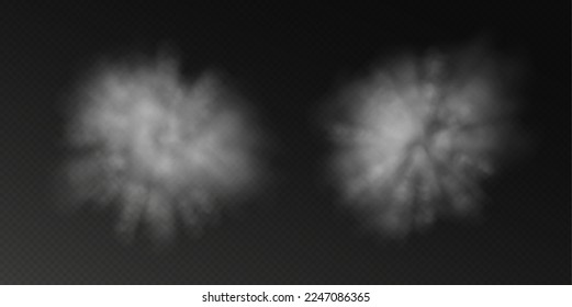 Realistic smoke burst in motion, white powder explosion. Smog, haze, mist or cloudiness effect isolated on a dark background. Vector illustration.