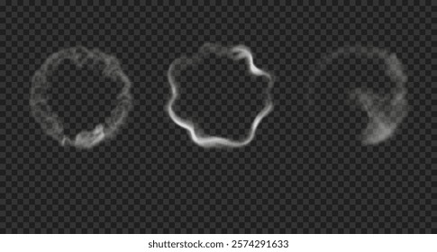 Realistic smoke circles from hookah, cigarettes, vape. Round soft steam isolated on transparent background