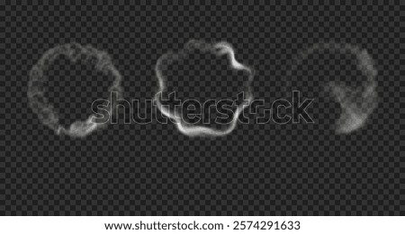 Realistic smoke circles from hookah, cigarettes, vape. Round soft steam isolated on transparent background