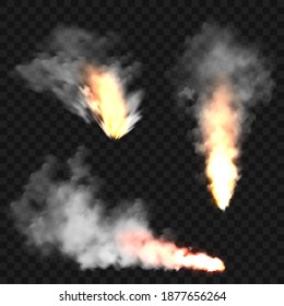 Realistic smoke clouds and fire. Flame blast, explosion. Stream of smoke from burning objects. Forest fires. Transparent fog effect. White steam, mist. Vector design element.