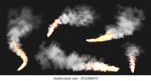 Realistic smoke clouds and fire. Flame blast, explosion. Stream of smoke from burning objects. Forest fires. Transparent fog effect. White steam, mist. Vector design element.