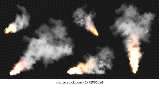 Realistic smoke clouds and fire. Flame blast, explosion. Stream of smoke from burning objects. Forest fires. Transparent fog effect. White steam, mist. Vector design element.