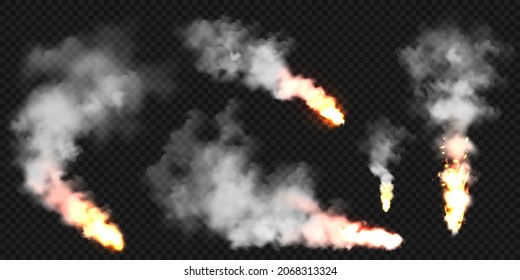 Realistic smoke clouds and fire. Flame blast, explosion. Stream of smoke from burning objects. Forest fires. Transparent fog effect. White steam, mist. Vector design element.