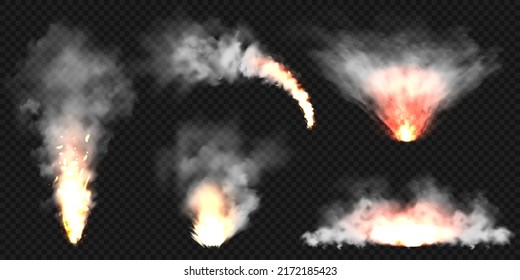 Realistic smoke clouds   fire  Flame blast  explosion  Stream smoke from burning objects  Forest fires  Transparent fog effect  White steam  mist  Vector design element 