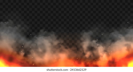 Realistic smoke clouds and fire. Flame blast, explosion. Stream of smoke from burning objects. Forest fires. Transparent fog effect. White steam, mist. Vector design element.