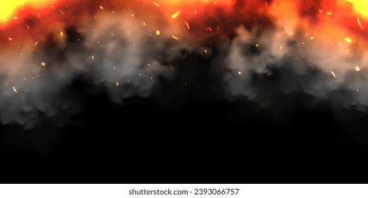 Realistic smoke clouds and fire on black background. Flame blast, explosion. Stream of smoke from burning objects. Forest fires. Transparent fog effect. White steam, mist. Vector design element.