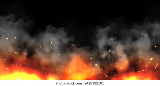 Realistic smoke clouds and fire on black background. Flame blast, explosion. Stream of smoke from burning objects. Forest fires. Transparent fog effect. White steam, mist. Vector design element.