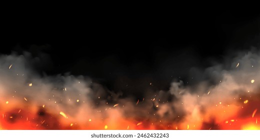 Realistic smoke clouds and fire on black background. Flame blast, explosion. Stream of smoke from burning objects. Forest fires. Transparent fog effect. White steam, mist. Vector design element.