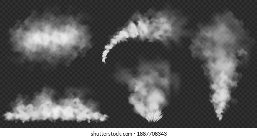 Realistic smoke clouds. Stream of smoke from burning objects. Transparent fog effect. White steam, mist. Vector design element.