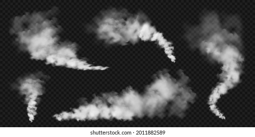 Realistic smoke clouds. Stream of smoke from burning objects. Transparent fog effect. White steam, mist. Vector design element.