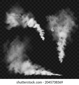 Realistic smoke clouds. Stream of smoke from burning objects. Transparent fog effect. White steam, mist. Vector design element.