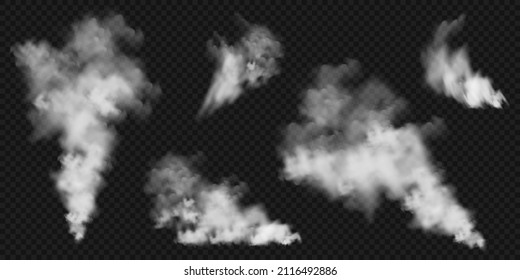 Realistic smoke clouds. Stream of smoke from burning objects. Transparent fog effect. White steam, mist. Vector design element.