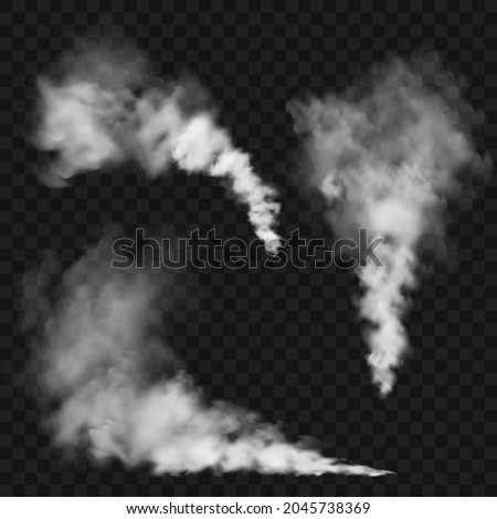 Realistic smoke clouds. Stream of smoke from burning objects. Transparent fog effect. White steam, mist. Vector design element.