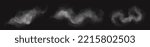 Realistic smoke clouds, white cigarette steam, speed trail or dust, flow mist, puff, smog or haze isolated design elements on black background. Steaming fire or fog fume, 3d Vector illustration, set