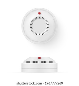 Realistic smoke detector top and general view vector illustration. Fire and gas security system for home or office isolated on white. Digital equipment for control, monitoring or protect safety