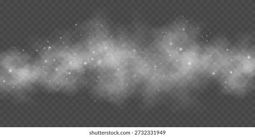 Realistic smoke effect with glowing bright light particles on a dark transparent background. Dreamy mist or fog for magical, festive, or ethereal atmosphere scenes. Vector illustration.