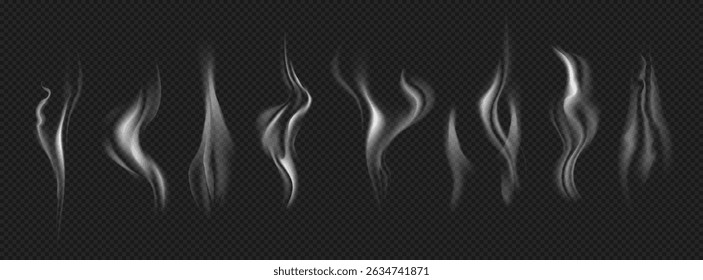 Realistic Smoke Effect Vector Set on Transparent Background. flowing smoke effect soft white tones, ideal for overlays, digital art, visual effects, backgrounds, promo banners, or atmospheric designs